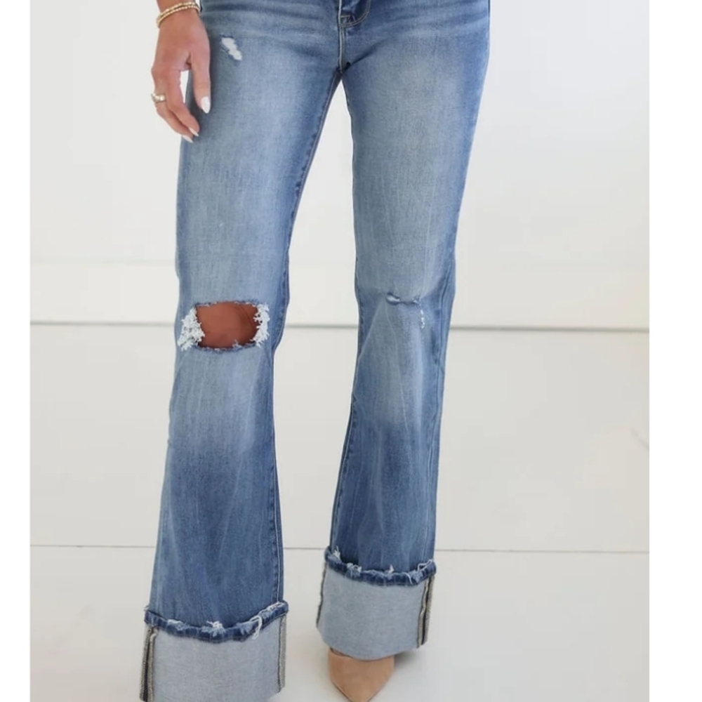 Mid-Rise Light Blue Distressed Flare Jeans Petra 153 New No Tags